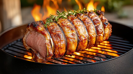 Sticker - Succulent roast meat on grill, garnished with herbs, sizzling over flames