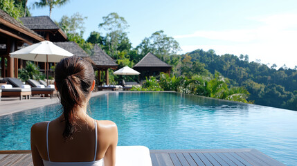 Wall Mural - Relaxing woman by luxurious pool in tropical resort setting