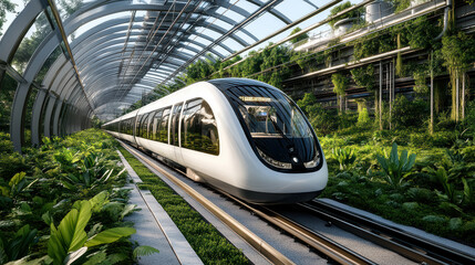 Sticker - sleek electric train gliding through lush, green tunnel filled with plants