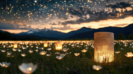 Sticker - serene field of glowing flowers illuminated by lanterns under starry sky