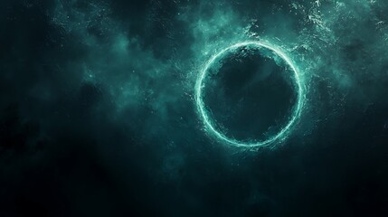 Wall Mural - an abstract grainy blue-green gradient with a glowing ring on a black background, perfect for captiv