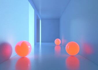 Sticker - Glowing spheres in a minimalist blue room.