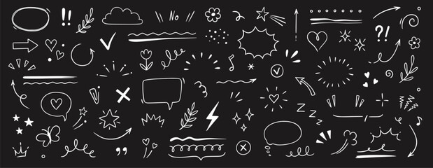 Poster - Cute line sketch star, arrow, heart decoration element icon set. Hand drawn sketch doodle cute star, emphasis, flower element. Pen line text decoration shape icon. Chalkboard vector illustration.