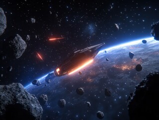 Wall Mural - Spaceship Navigating Through Asteroid Field in Deep Space