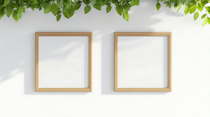 Wall Mural - Two blank frames on white wall with soft leafy shadows and greenery above.