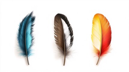 Poster - Lifelike representation of three vibrant feathers drifting in front of a white backdrop
