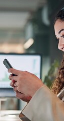 Poster - Happy, woman and typing with phone in office for stock market, financial increase and investment. Broker, mobile and website research for profit growth, finance statistics and cryptocurrency exchange