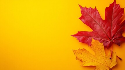 Poster - Vibrant red and yellow maple leaves creating copy space on a yellow background