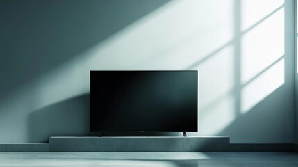 Poster - Sunlight illuminates a minimalist room with a large television displaying a blank screen