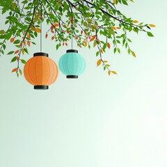 Canvas Print - Serene Asian Lanterns Hanging from Autumn Branches