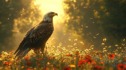 eagle in wildflower meadow at sunrise with floating seeds