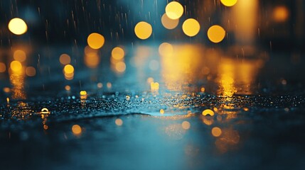 Poster - Golden lights reflecting on rainwater pooling on a city street at night