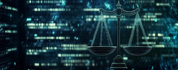 Poster - Digital data stream shaping the concept of cyber law and litigation in the digital age, with scales of justice emerging