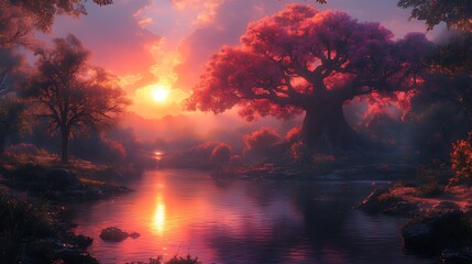 Wall Mural - Sunset over mystical river, pink tree, fantasy forest