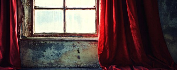 Aufkleber - Red velvet curtains frame a frosted glass window in a deserted building