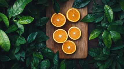 Poster - Brown wooden chopping board holds five sliced oranges, surrounded by vibrant green leaves