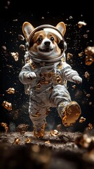 Wall Mural - corgi in space suit with astronaut helmet and cosmic background