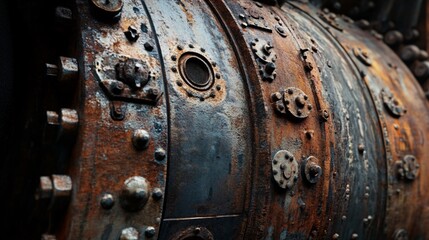 Poster - Detailed view of a worn and aged industrial machine part with rust