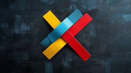Leinwandbilder - Three vibrant adhesive tapes are interlaced, creating a cross shape on a textured dark background