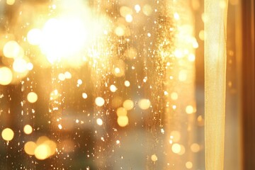 Wall Mural - Rainy window, sunset bokeh, city lights, cozy home, background blur