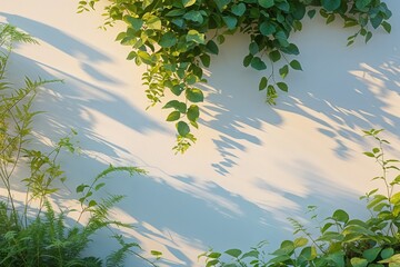 Wall Mural - Delicate Contour of Lush Greenery Creating Soft Shadows on a White Canvas with Warm Dawn Light