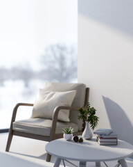 Wall Mural - A simple white room with a minimalist armchair and a round white coffee table.