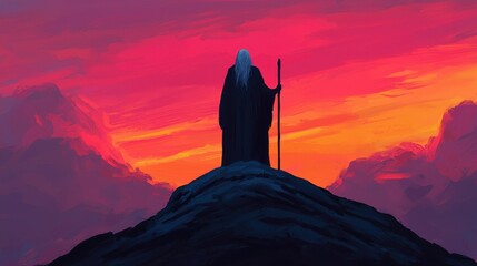 Wall Mural - Mysterious Figure on Mountain Peak at Sunset with Vibrant Colors