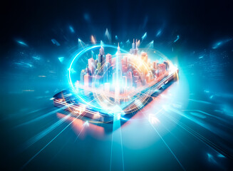 Aufkleber - A vibrant, miniature cityscape sits atop a sleek smartphone, showcasing the concept of mobile connectivity and urban technology.  The scene is dramatically lit against a dark background.