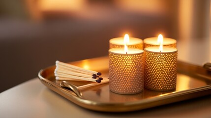 Wall Mural - Cozy ambiance created by glowing candle on a tray with matches, enhancing a warm indoor setting