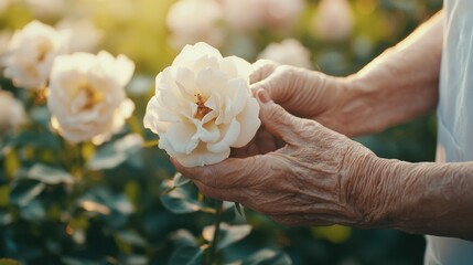 Poster - Elderly Hands Gently Holding A White Rose In A Flower Garden