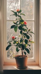 Wall Mural - a potted camellia plant by the window in minimalist style of indoor plants