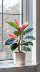 Wall Mural - a potted philodendron pink princess plant by the window in minimalist style of indoor plants