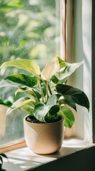 Wall Mural - a potted philodendron birkin plant by the window in minimalist style of indoor plants