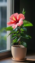 Wall Mural - a potted hibiscus rosa-sinensis plant by the window in minimalist style of indoor plants