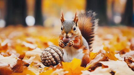 Squirrel eating nut in autumn park