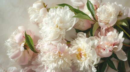 Wall Mural - Elegant arrangement of white and pink peonies with fresh green leaves