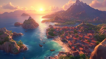 Wall Mural - Sunset over coastal town, island, ocean, mountains.