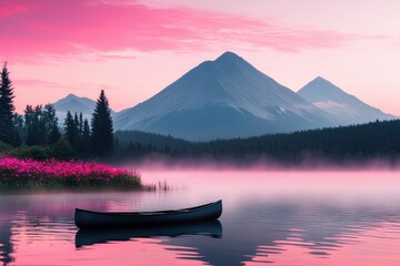 Wall Mural - Tranquil Sunset Over Lake with Canoe and Purple Mountain Background