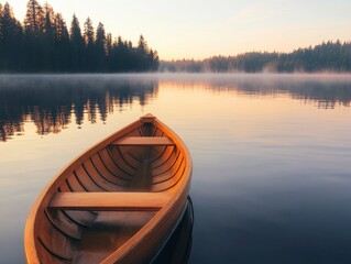 Wall Mural - Serene Wooden Boat on Calm Lake at Sunrise with Misty Reflections