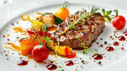 fine dining dish of grilled beef with a colorful array of vegetables