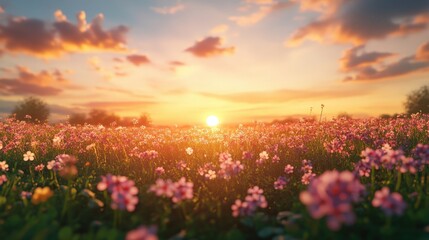 Wall Mural - Serene Sunset Over Blooming Clover Field in Summer with Soft Clouds and Warm Glow in the Sky Captivating Nature's Beauty at Dusk