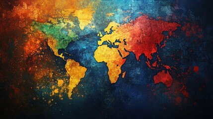 Sticker - Vibrant Grunge Abstract Background with World Map in Colorful Hues Ideal for Creative Projects and Artistic Designs