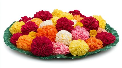 Colorful holy festival celebrations with indian food and sweets vibrant flower decorations outdoor setting