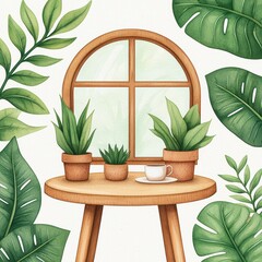 Wall Mural - Cozy indoor setting with window, plants, and a cup of coffee