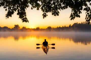 Wall Mural - Calm Kayaker at Sunrise on Serene Lake with Mist and Reflection