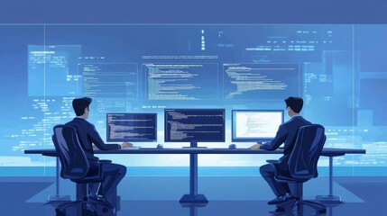Individuals programming collaboratively in an office setting.
