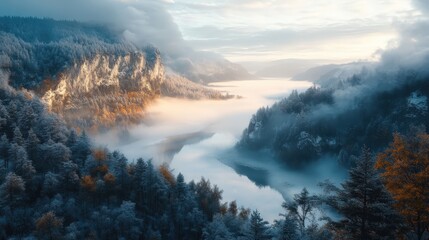 Poster - Misty Morning in the Valley of the River Surrounding the Frosty Landscape with Lush Trees and Soft Hues of Orange and Blue