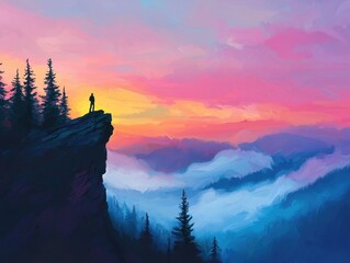 Wall Mural - Vibrant Sunset Over Mountain Range with Silhouette of a Hiker