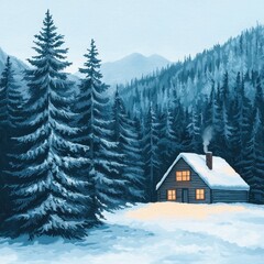 Poster - Cozy Cabin Amidst Snowy Pine Trees in Winter Landscape Scene