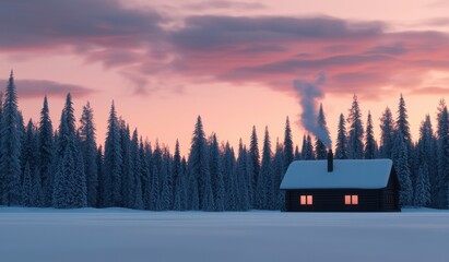 Poster - Cozy Winter Cabin Surrounded by Snowy Pine Trees at Sunset